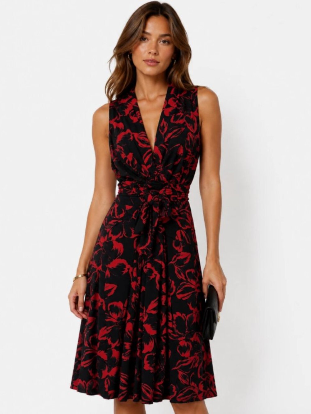 Norma Kamali Bold Floral Print Wrap Midi Dress 2X Black Red Knit Dark Romance